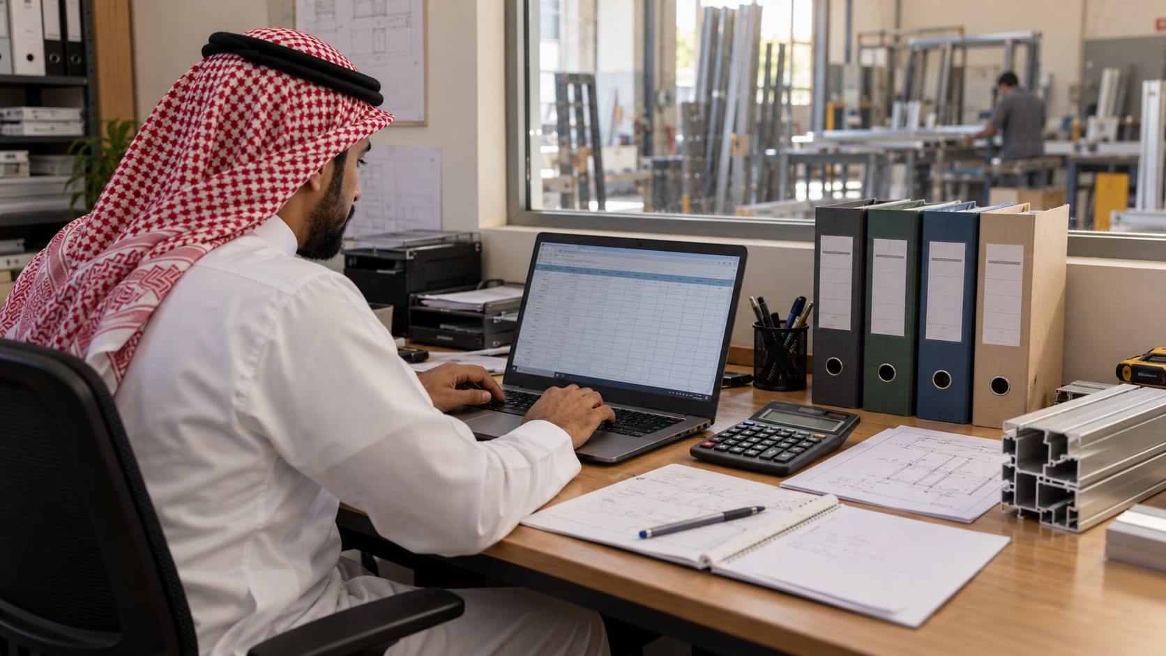 مسؤول تسعير يراجع جدول متابعة عروض على الحاسوب داخل مكتب تصنيع