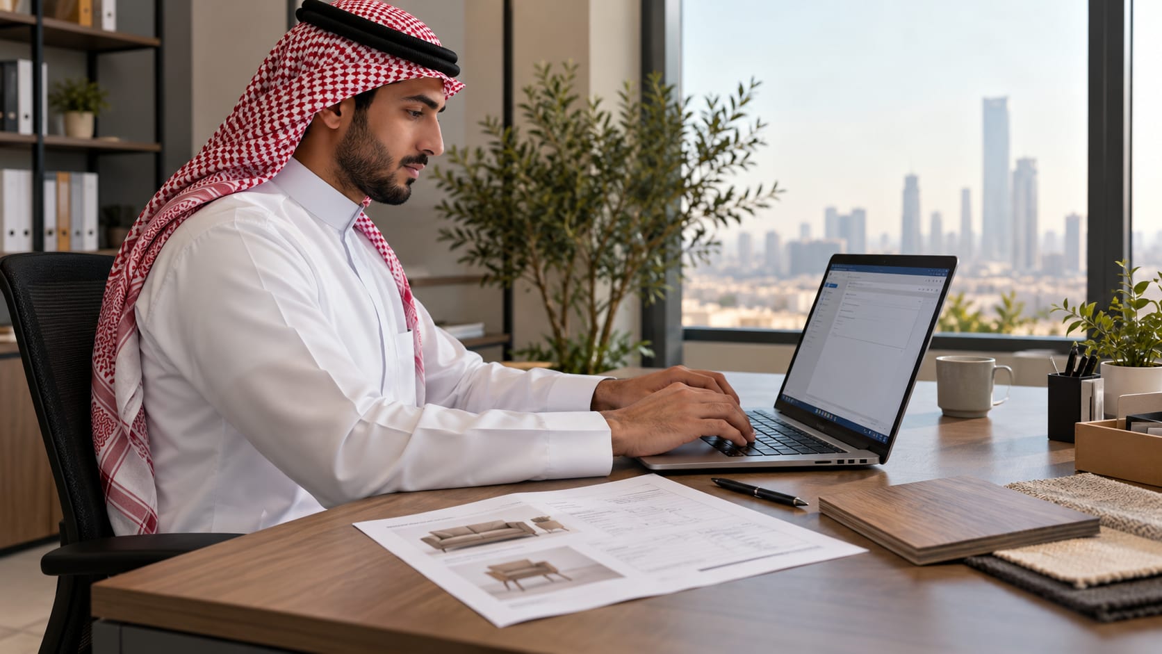 موظف يصيغ رسالة متابعة عرض سعر بجوار مستندات المشروع