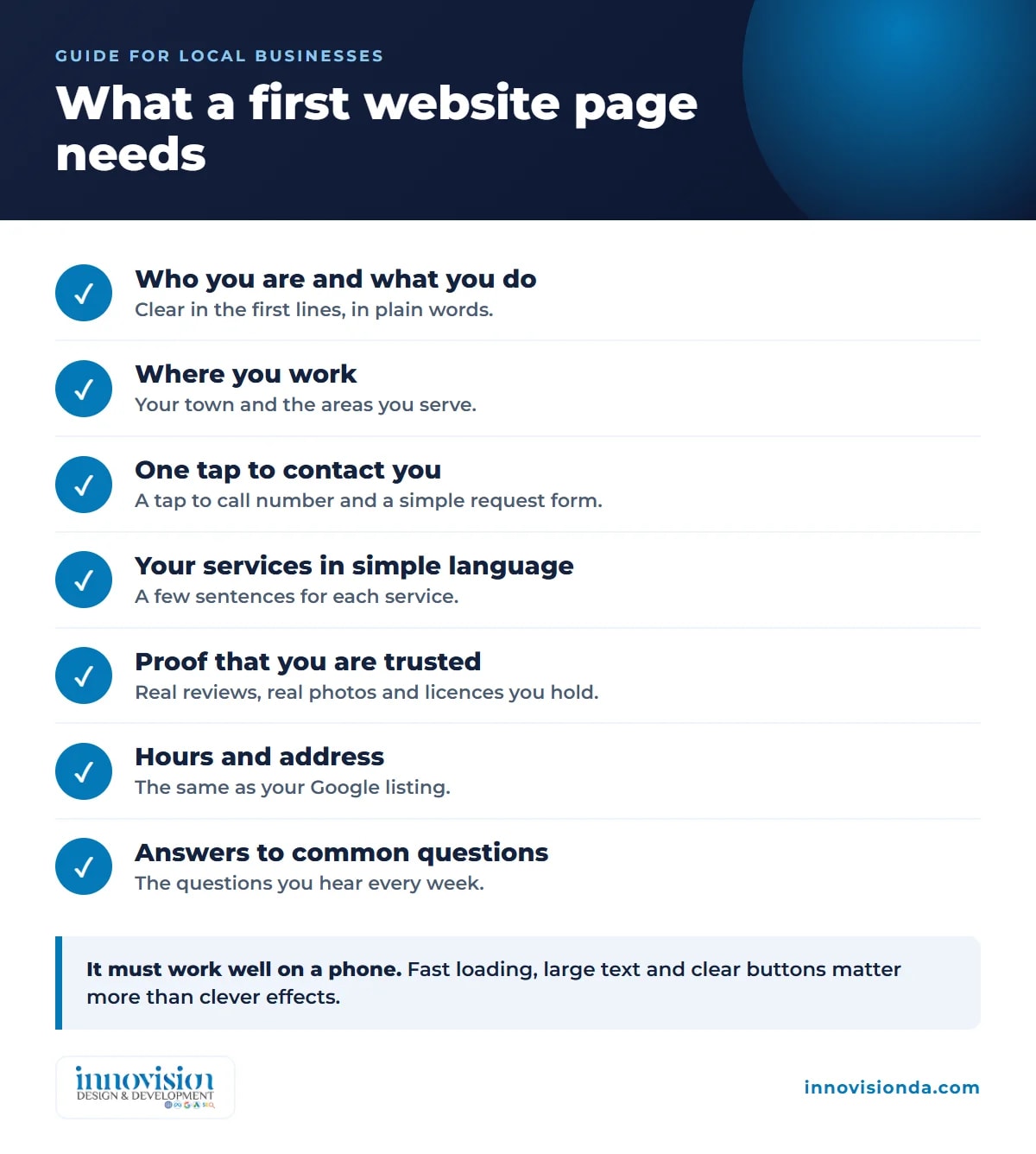 Seven things a first website page needs when you ask do you need a website, by Innovision Design & Development
