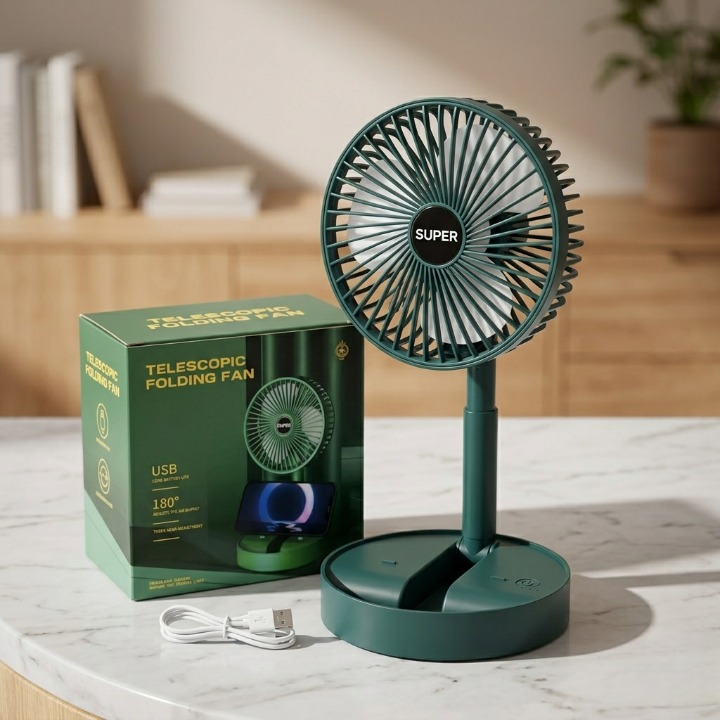 Super Telescopic Folding Fan – Portable USB Rechargeable Desk Fan with 180° Adjustable Air Supply