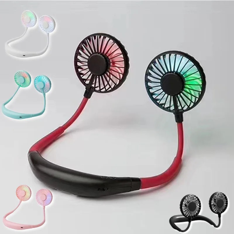 Lazy Portable Silent Neck Fan – Wearable Rechargeable Dual Fan with LED Light & 3-Speed Control