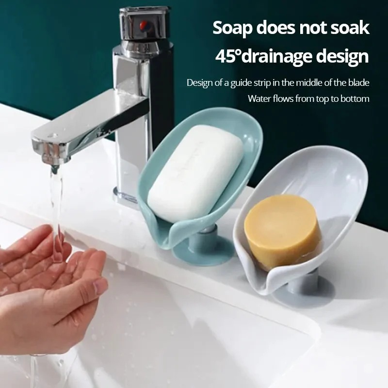 Leaf-Shape Self-Draining Soap Holder – Decorative 45° Slanted Hydraulic Soap Dish with Suction Base