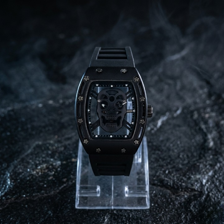 Luxury Non-Waterproof Skull Skeleton Concept Watch – Bold Tonneau Case with Sporty Silicone Strap