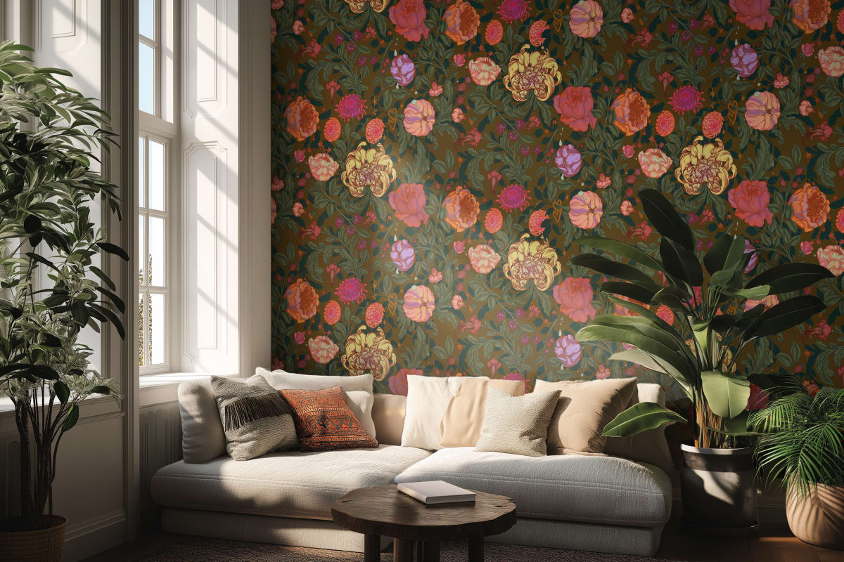 détail du motif de papier peint botanique Maison Bonami, palette chaude