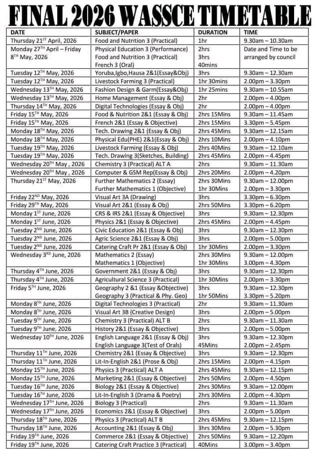 WAEC 2026 Timetable fully out 
