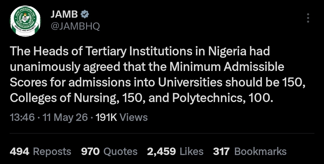 JAMB Cut-off marks for 2026 Admission announced, JAMB Policy meeting held today 