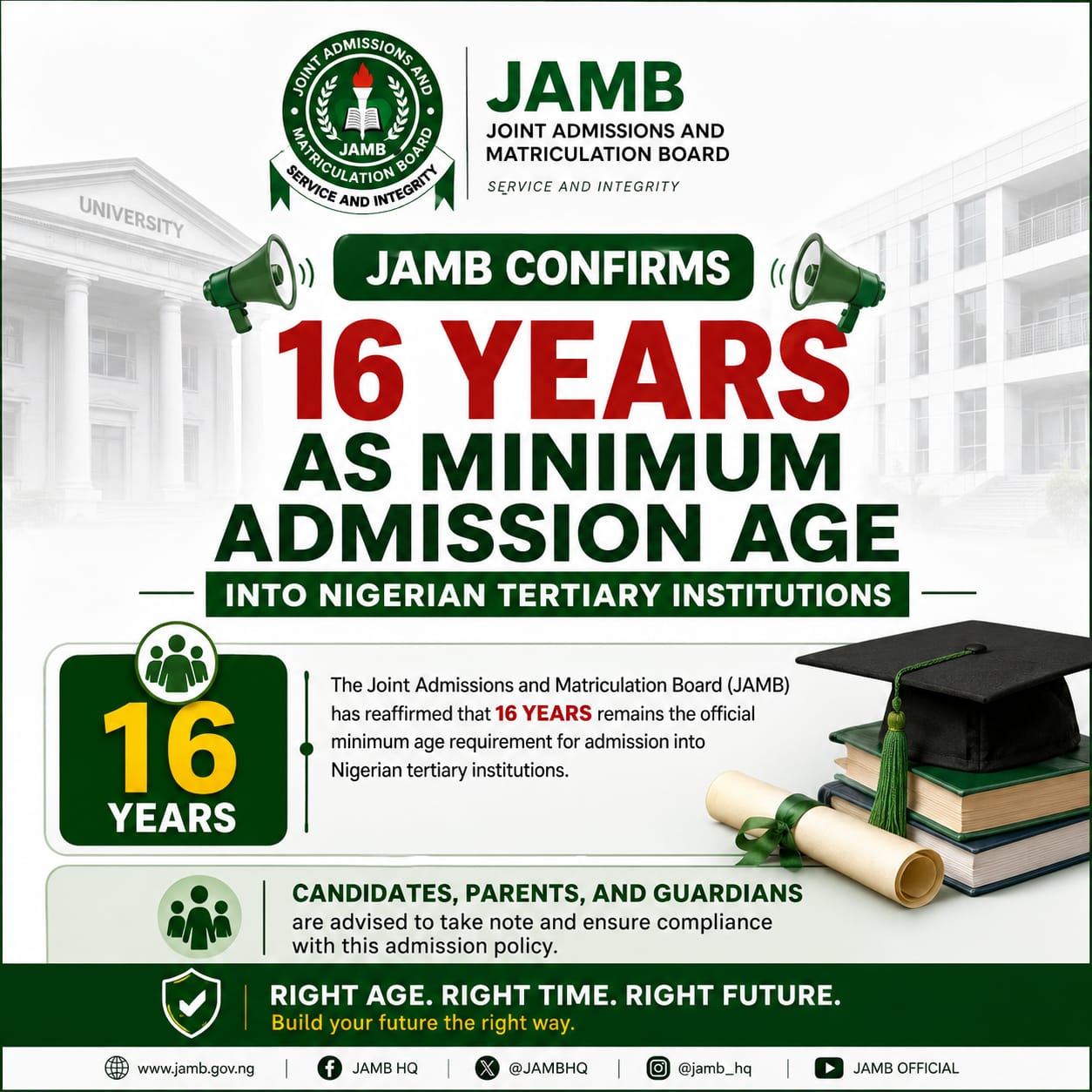 JAMB CONFIRMS 16 YEARS AS MINIMUM ADMISSION AGE INTO NIGERIAN TERTIARY INSTITUTIONS 🔊🔊🔊