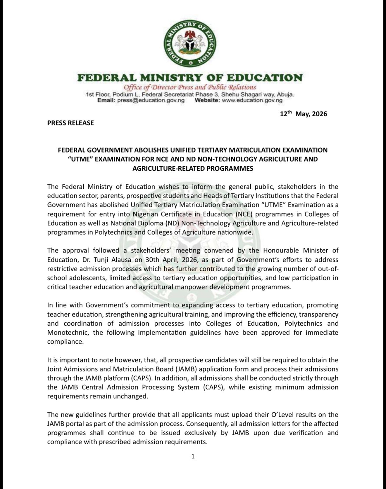 FG APPROVES MAJOR ADMISSION REFORM: Some NCE and ND Programmes to Admit Without UTME from 2026