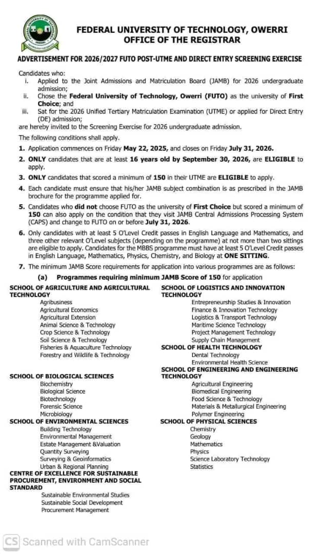 FUTO Releases Post UTME Form for 2026/2027 Academic Session