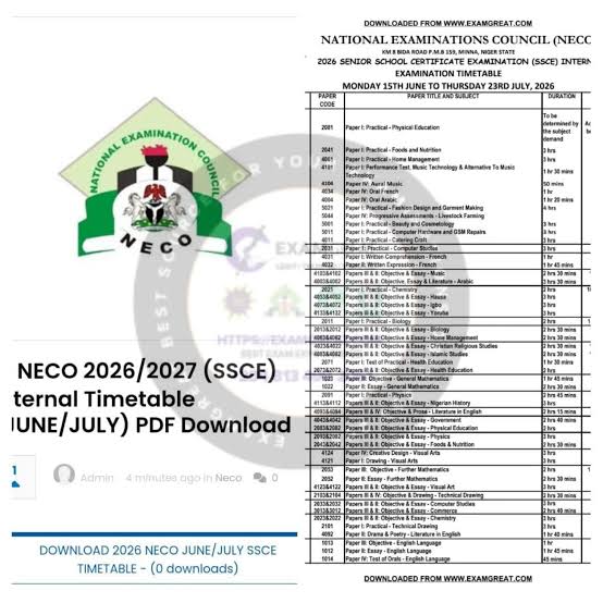 2026 NECO Examination Timetable Officially Released