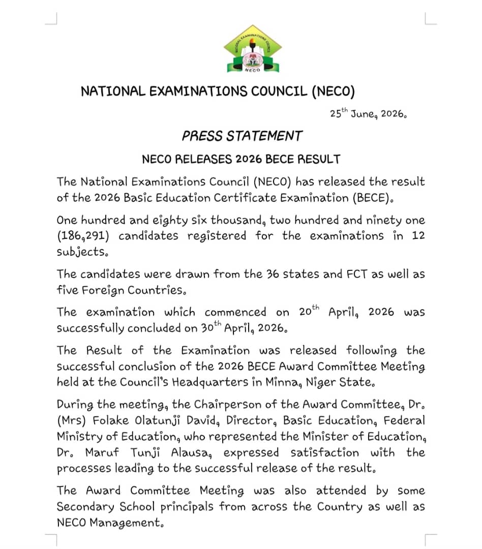 NECO Releases 2026 BECE Results, Announces Dates for Re-sit Examination