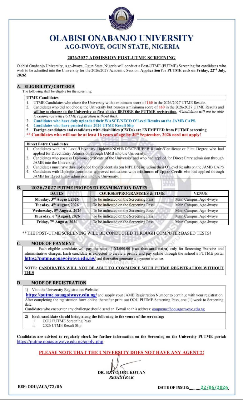 OOU Post-UTME Form for 2026/2027 Academic Session is Out – Apply Now