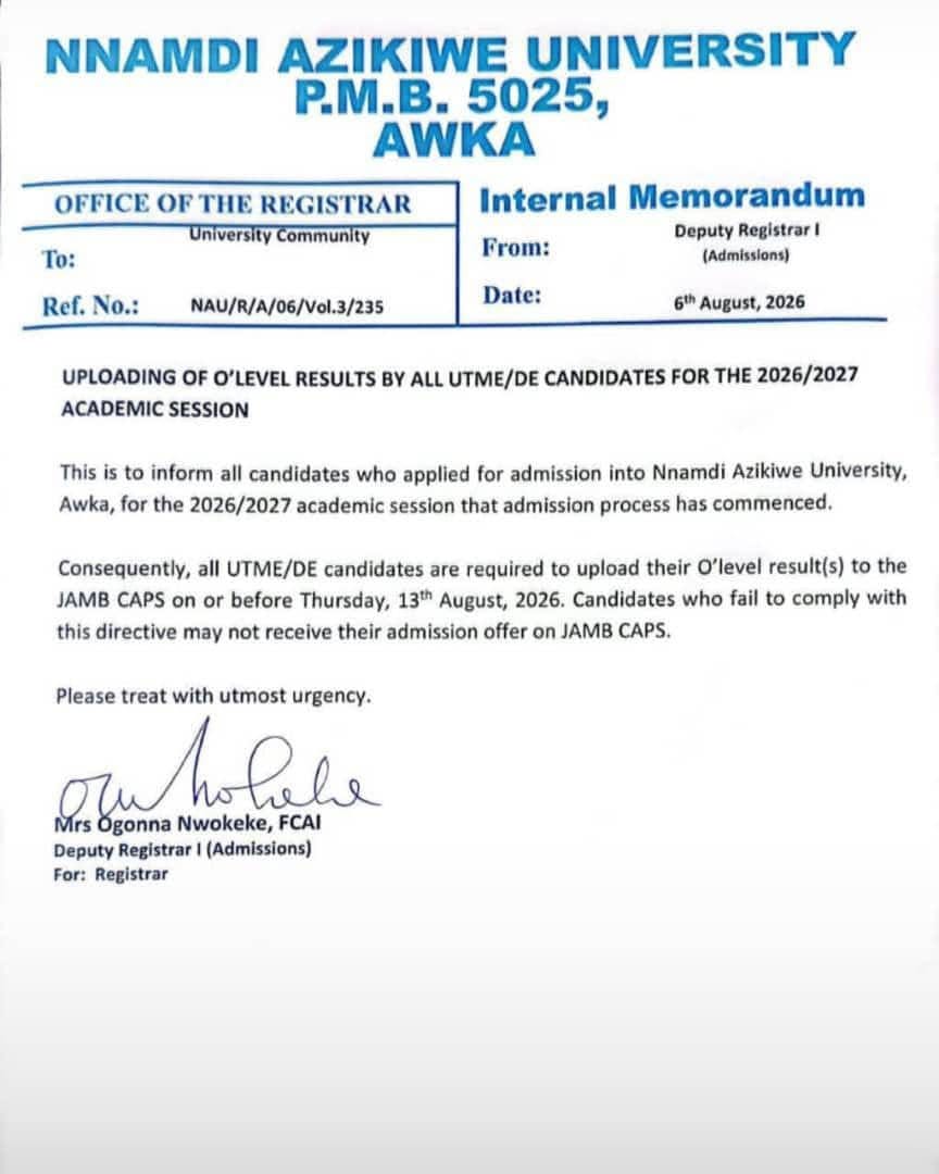 UNIZIK O'Level Upload Portal Still Open – Important Update for Candidates