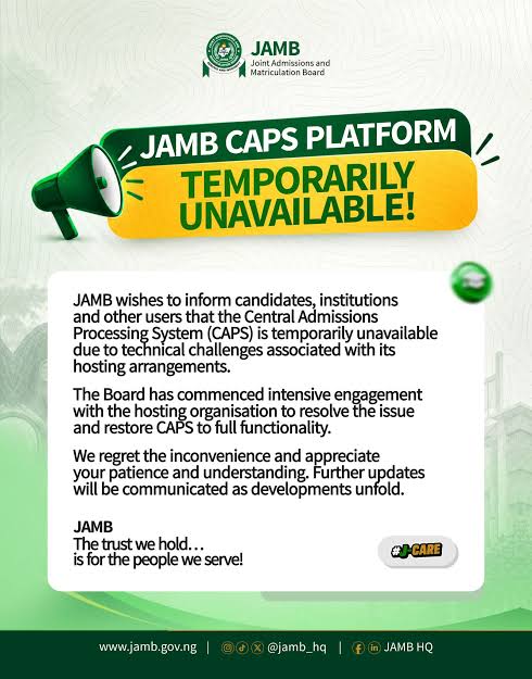 JAMB Portal Temporarily Down as Candidates Experience Access Issues