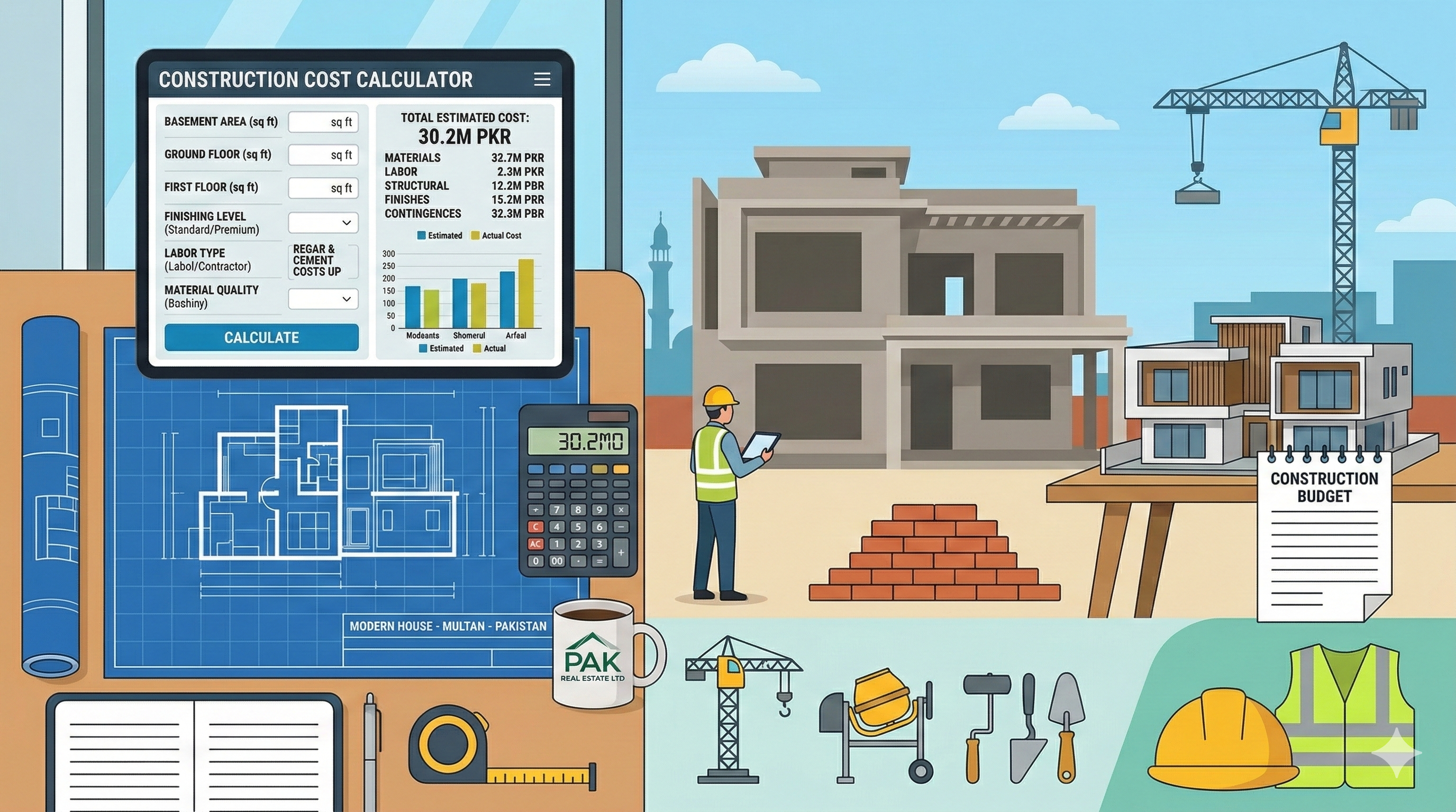 Construction cost calculator and house building budget concept