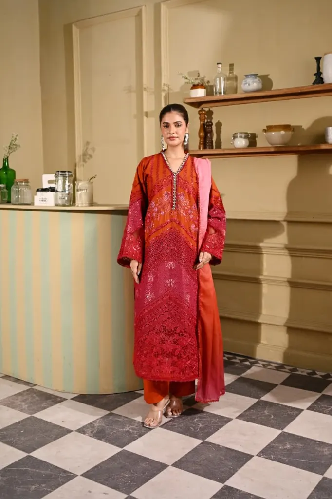 Crimson Rust – Embroidered Luxury Lawn Set - Front View