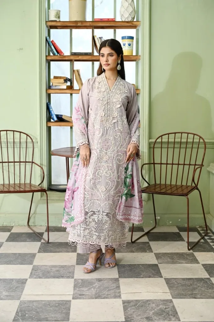 Lilac Meadow – Embroidered Luxury Lawn Set - Front View