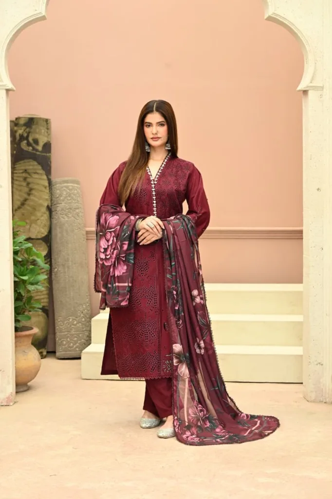 Plum Orchid – Embroidered Luxury Lawn Set - Model View