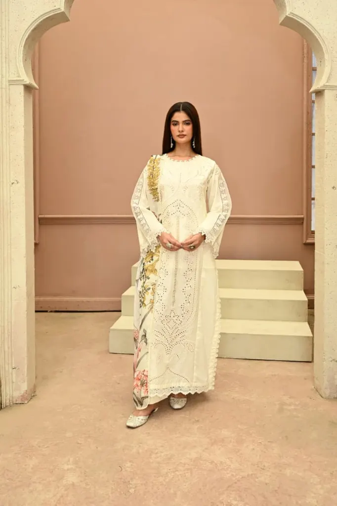 Vanilla Lace – Embroidered Luxury Lawn Set - Front View