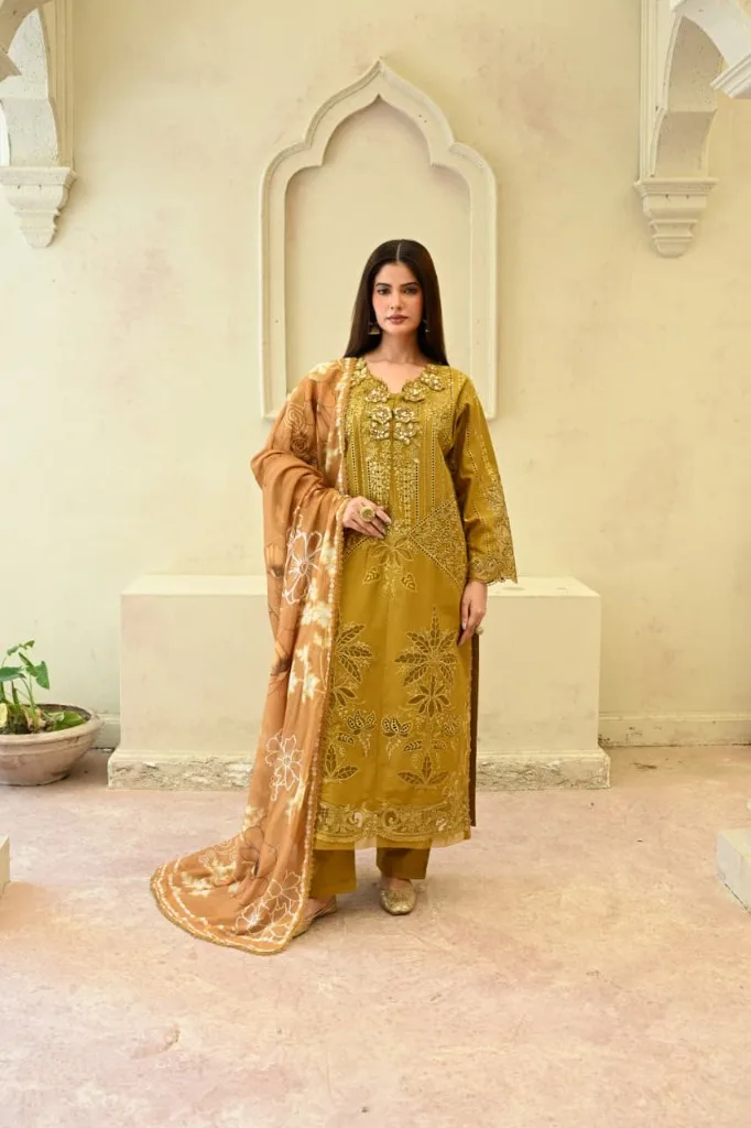 Ochre Bloom – Embroidered Luxury Lawn Set - Front View