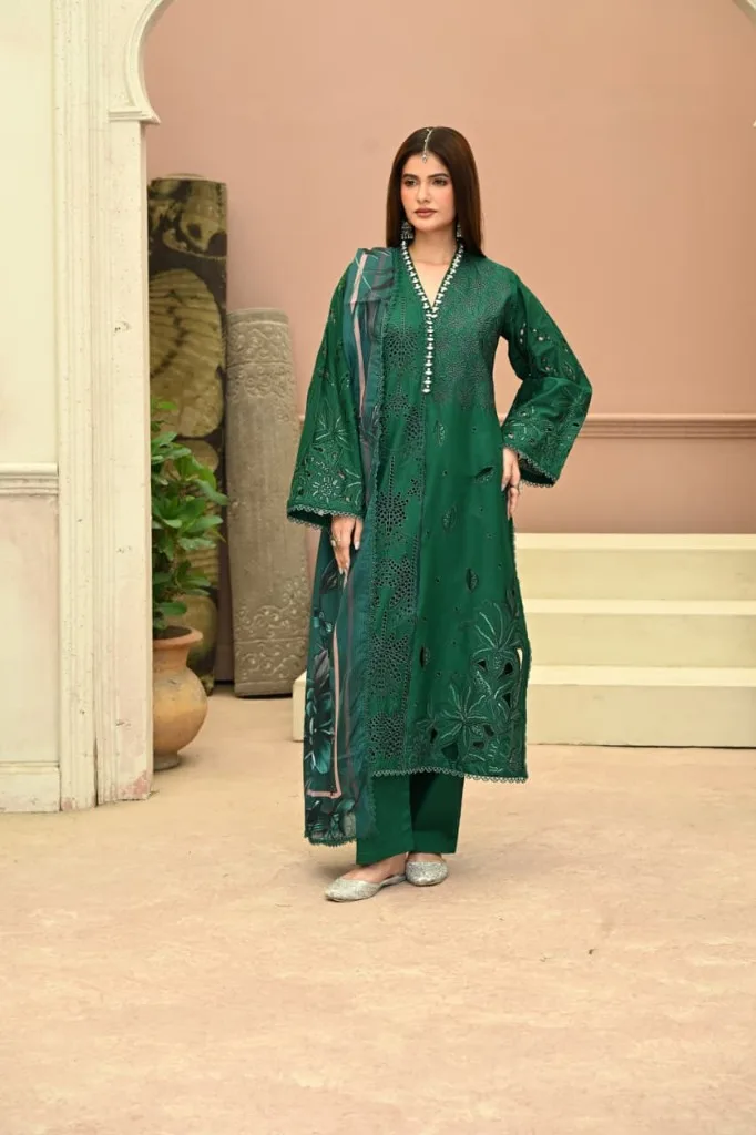 Emerald Meadow – Embroidered Luxury Lawn Set - Front View