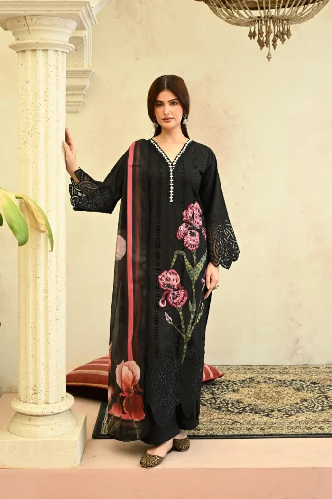 Black Iris – Embroidered Luxury Lawn Set - Front View
