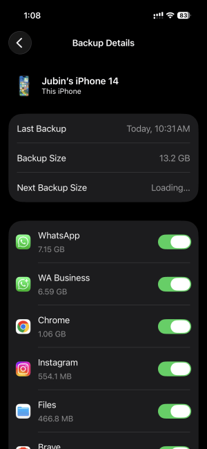 Choose apps to backup
