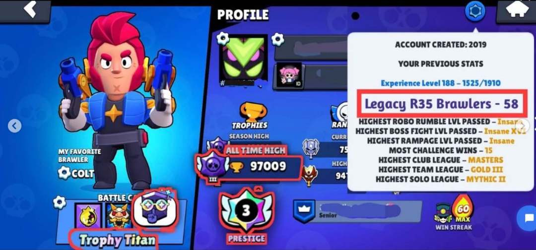 Brawl Stars Account (IOS/ANDROID) – RAREST TROPHY TITAN | 58 R35 Legacy Brawlers | 97,000 Trophies | 37+ Rare Titles | 715+ Pins | 354 Skins | 3 Prestige | Brawl Stars Account (IOS/ANDROID) – RAREST TROPHY TITAN | 58 R35 Legacy Brawlers | 97,000 Trophies | 37+ Rare Titles | 715+ Pins | 354 Skins | 3 Prestige |
