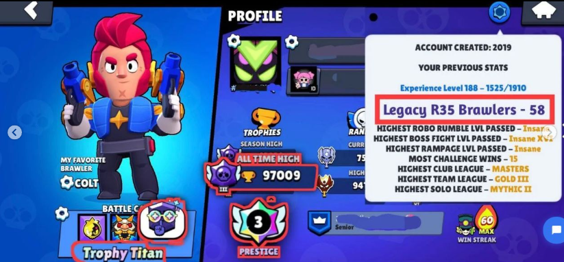 Brawl Stars Account (IOS/ANDROID) – RAREST TROPHY TITAN 58 R35 Legacy Brawlers, [ATH] 97K Trophies. 37+ Rare Titles 715+ Pins & 354 Skins. 3 Prestige. Dominate Brawl Stars Today