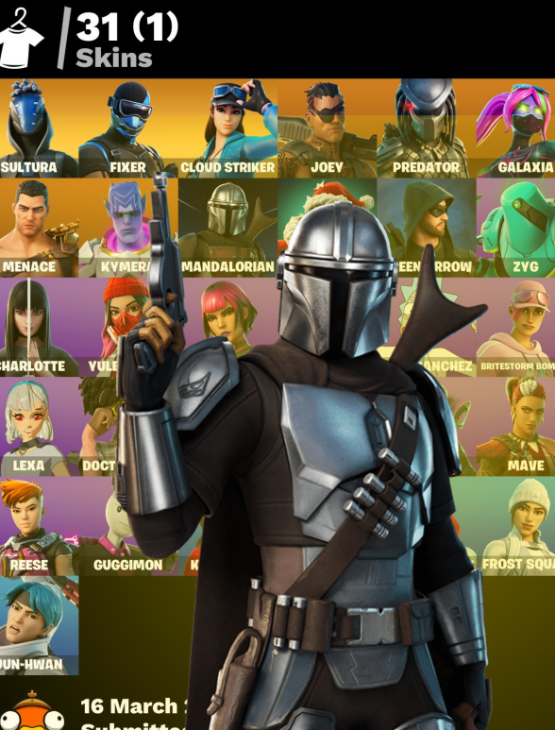 Fortnite Account ( PC ) (Sultura, Fixer, Cloud Striker, Joey, Predator, Galaxia, Menace, Kymera, Mandalorian, Green Arrow, Rick Sanchez) (31 Skins)