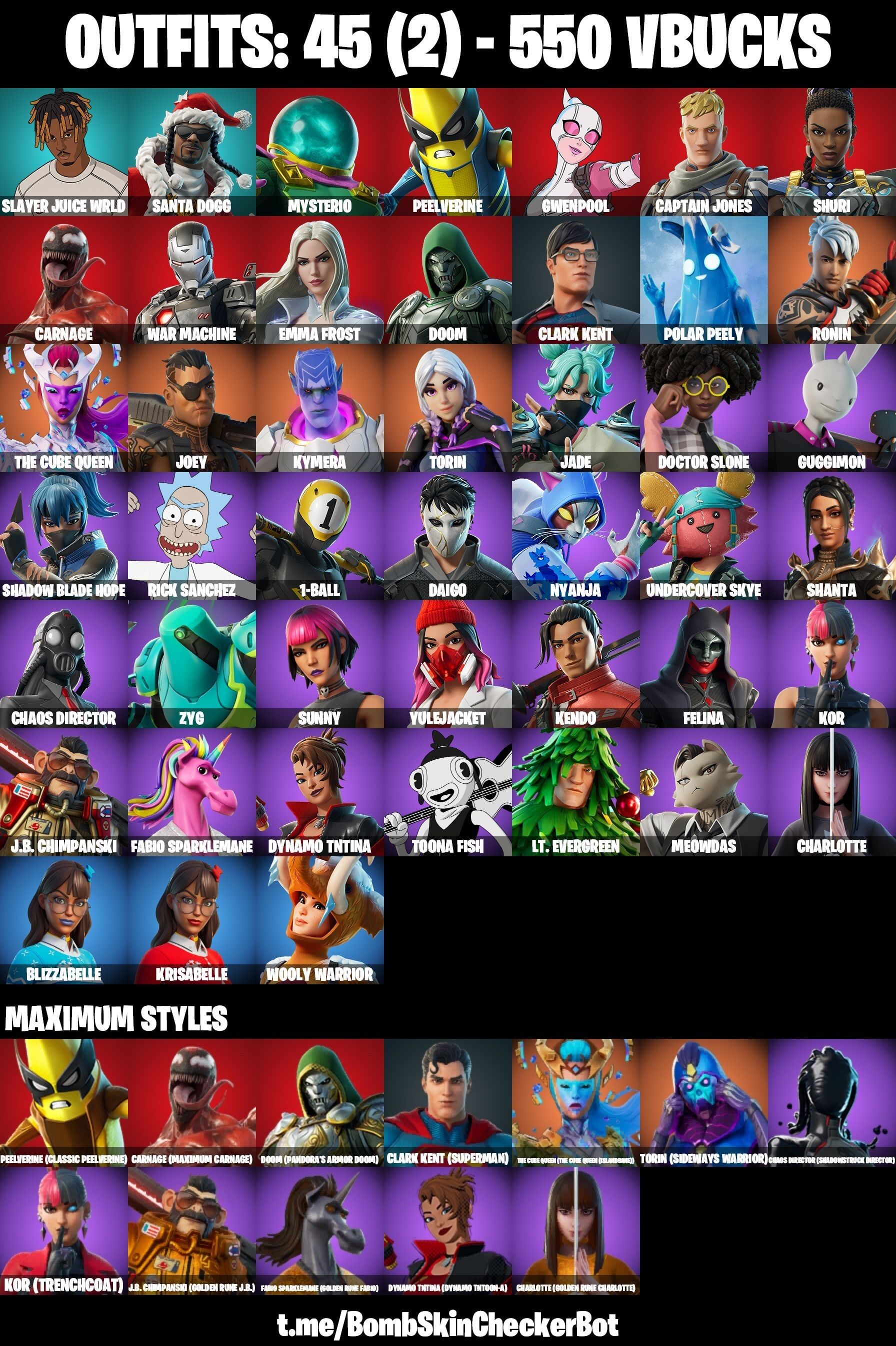 Fortnite Account ( PLAYSTATION / XBOX / NINTENDO ) (Clark Kent, Polar Peely, Blizzabelle, Krisabelle, Rick Sanchez, Toona Fish, Slayer Juice Wrld) (45 Skins)