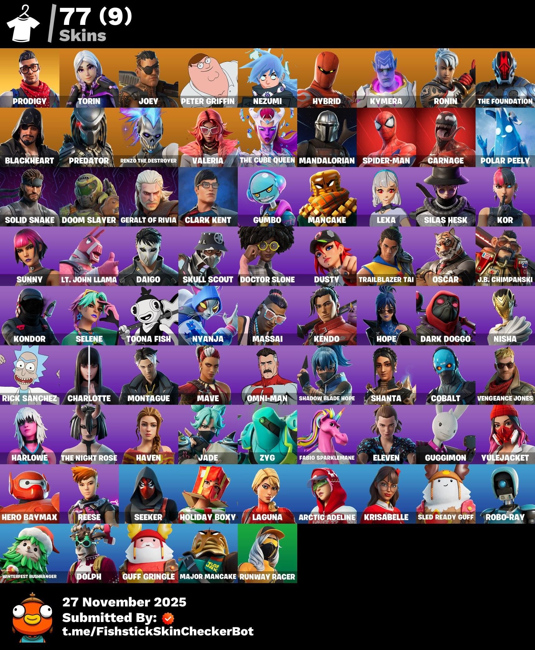 Fortnite Account ( PC ) (Prodigy, Peter Griffin, Spider-Man, Rick Sanchez) (77 Skins)