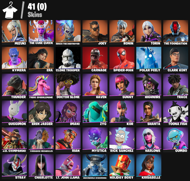 Fortnite Account ( PC ) (RICK SANCHEZ, SPIDER-MAN, MIZUKI, THE CUBE QUEEN, RENZO THE DESTROYER, JOEY, RONIN, TORIN) (41 Skins)