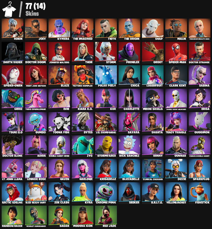 Fortnite Account ( PC ) (FISHSTICK, LOSERFRUIT, RED JADE, BLAZE, KYRA, RICK SANCHEZ, SPIDER-MAN, DARTH VADER, RONIN, JOEY) (77 Skins)