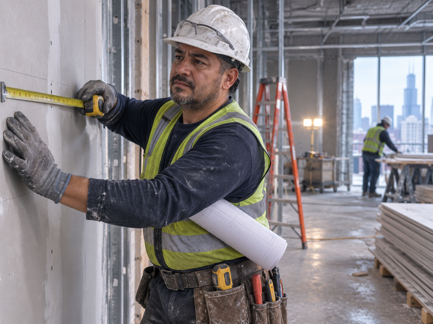 Nelson P. realizando drywall especializado en una obra de Chicago