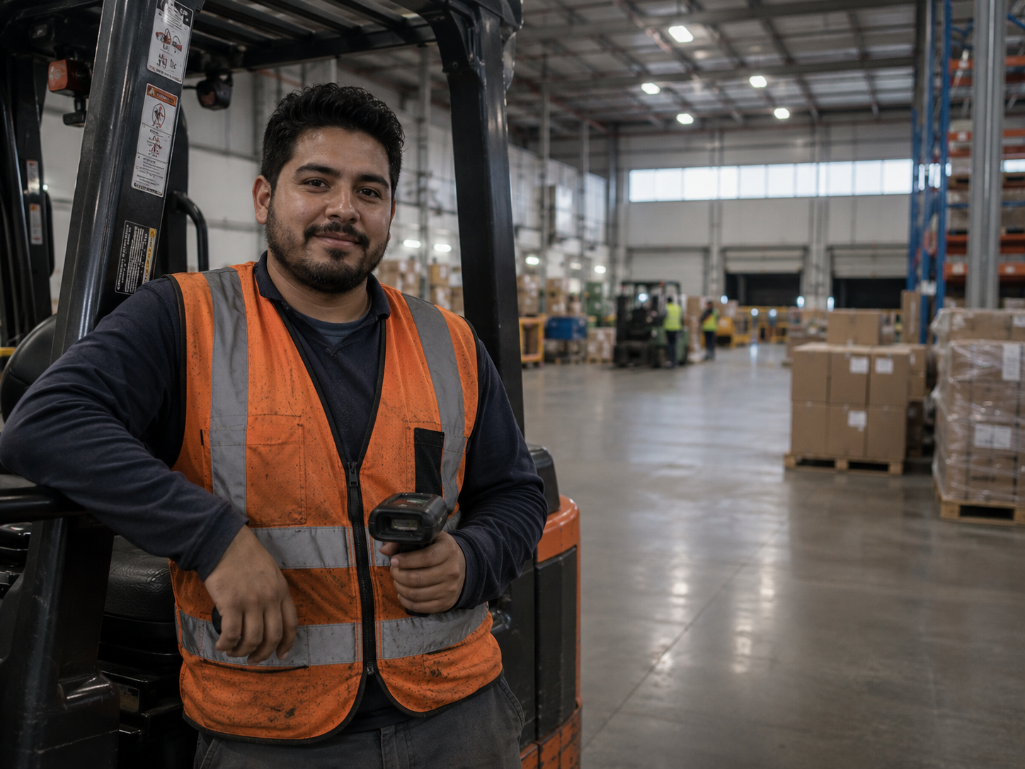 Carlos R. en un centro logístico de Houston junto a un montacargas