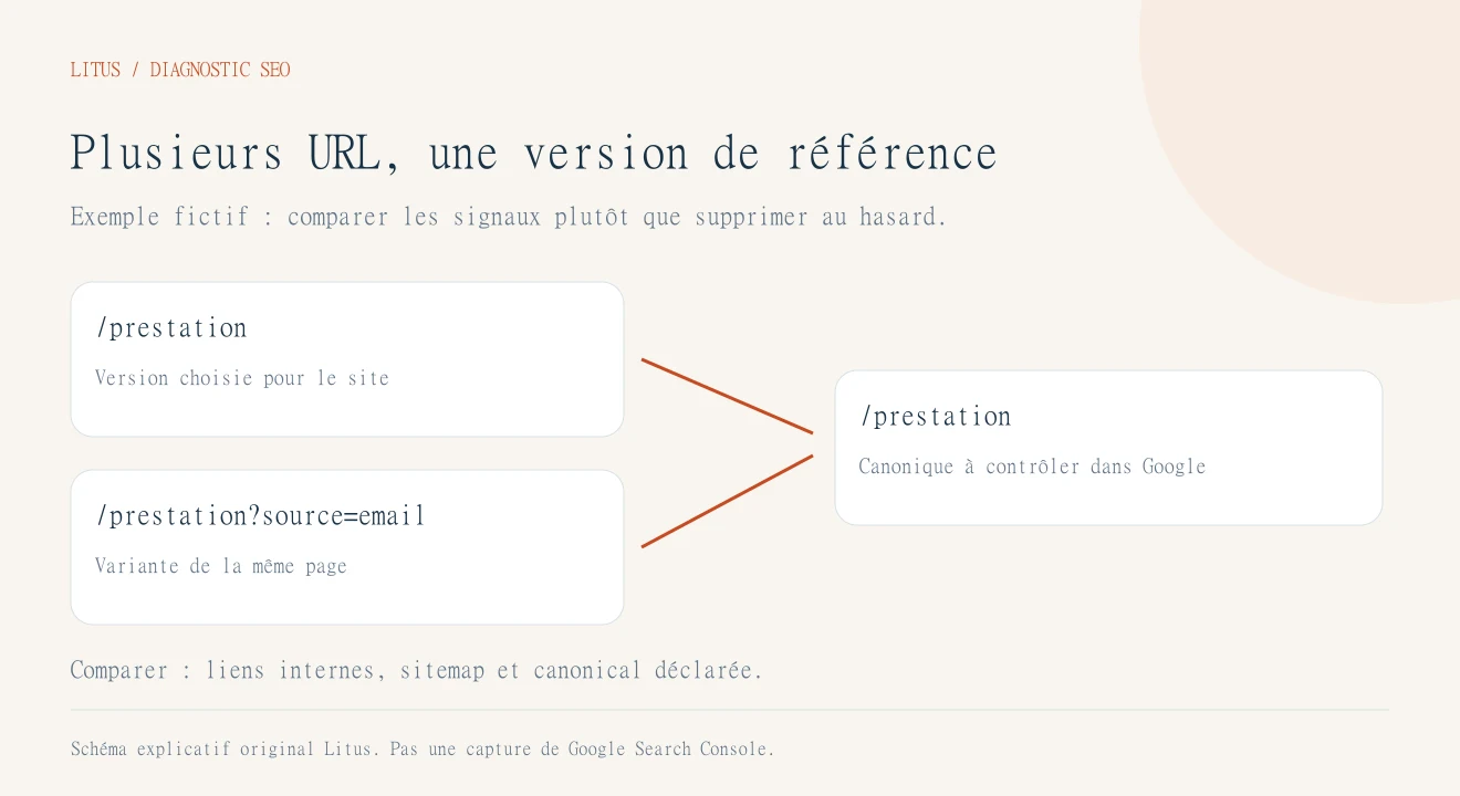 Schéma de trois variantes fictives d’une URL vers une version canonique commune.