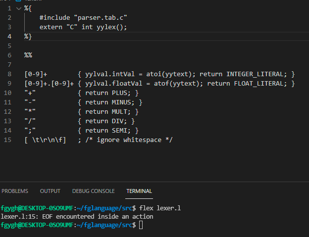 lex - EOF encountered inside an action - Stack Overflow