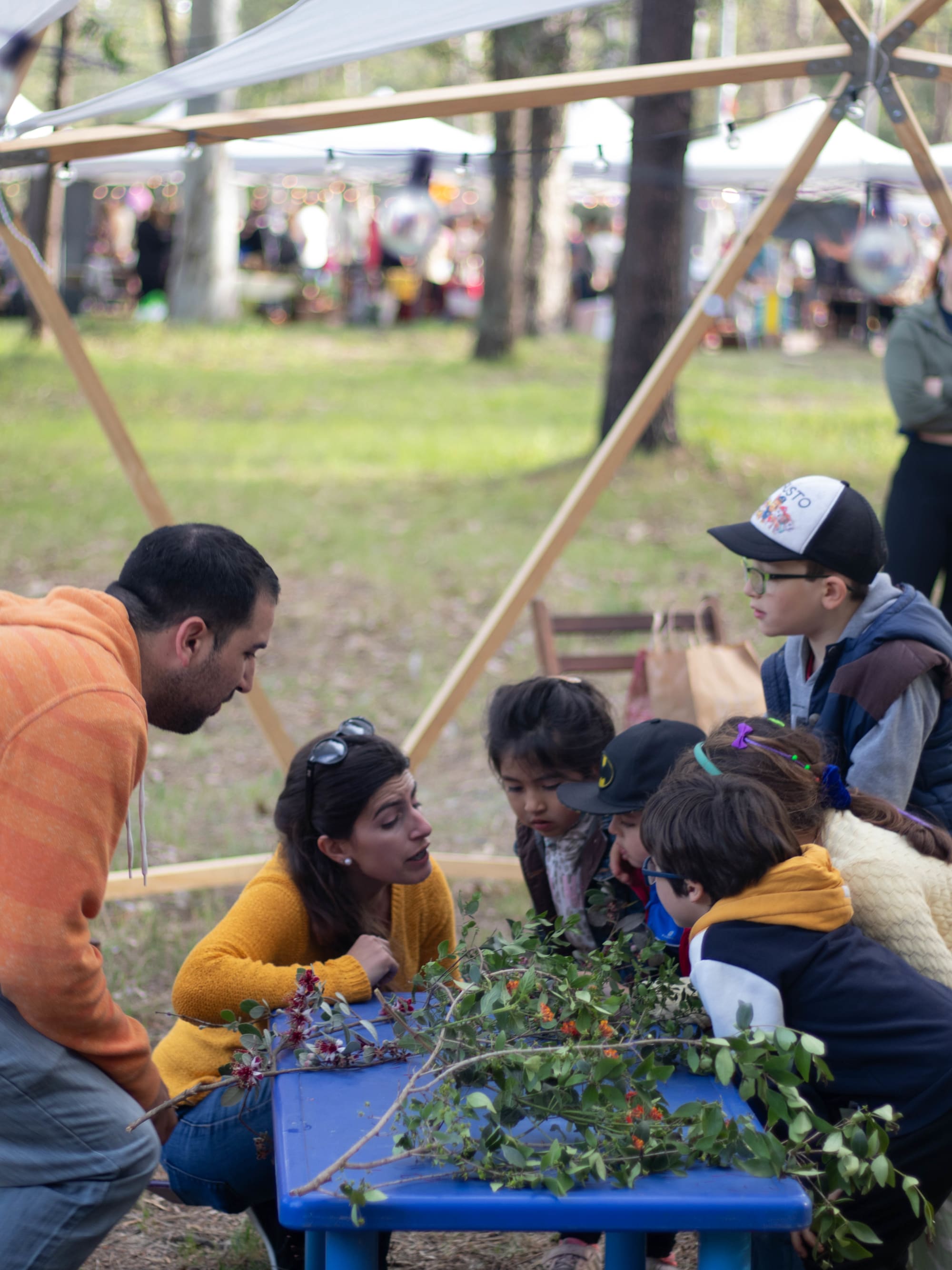 Niños explorando plantas nativas en una mesa sensorial
