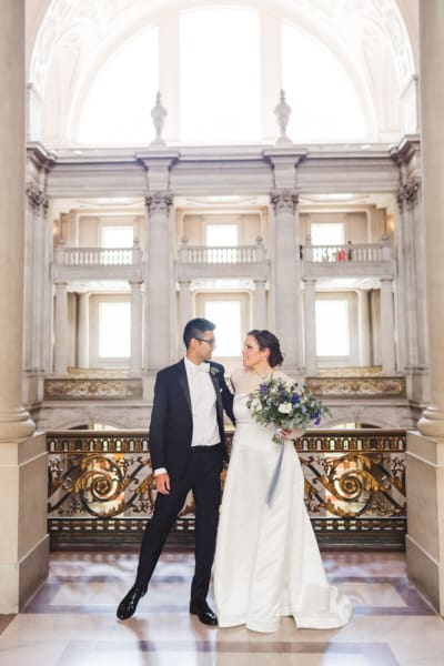 Karen, a Lace & Liberty bride, in her satin wedding dress