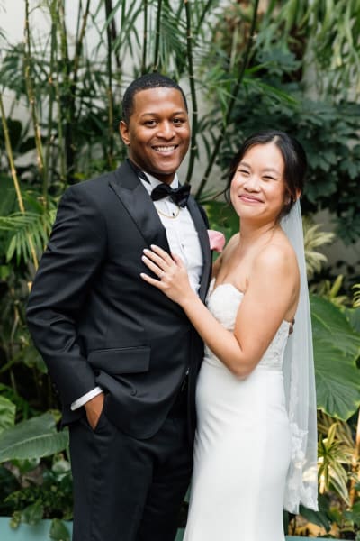 Michelle, a Lace & Liberty bride, in her satin wedding dress