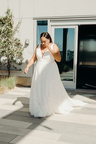 Stara, a Lace & Liberty bride, in her wedding dress waistline