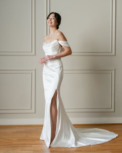 Wedding gown made from smooth, lustrous satin.