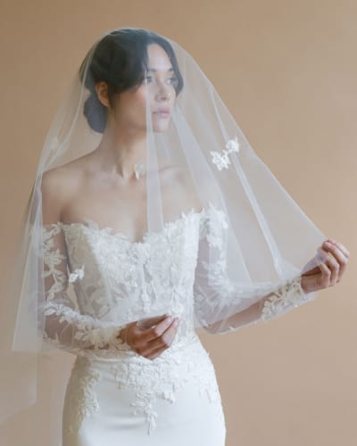 Bride wearing long lace veil