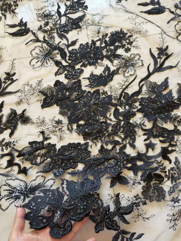 Close-up of intricate black floral lace with beading