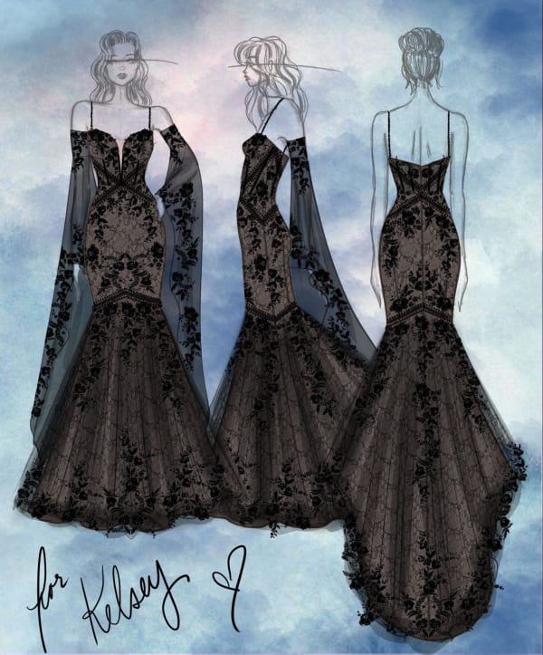 Sketch of a black lace wedding dress over a nude lining with long drapey sleeves