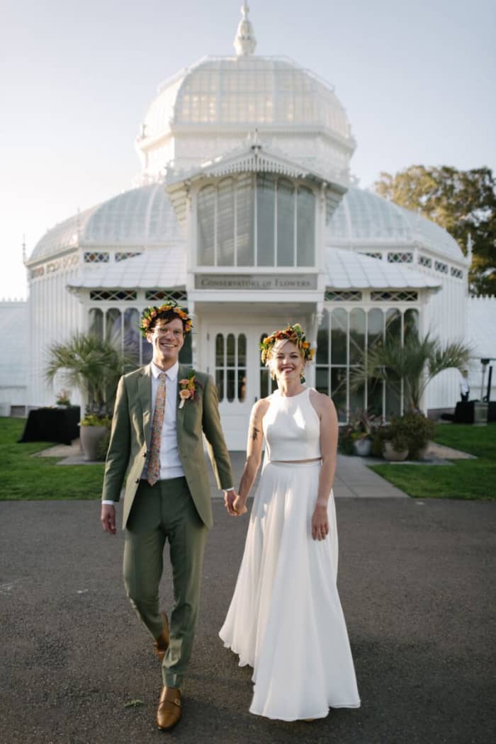 Bride wearing a white halter wedding dress
