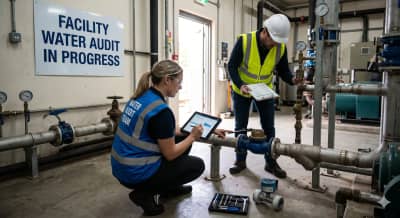 Water audit team inspecting industrial water pipelines