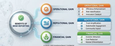 Infographic showing benefits of BRSR reporting grouped into operational, reputational, and financial gains