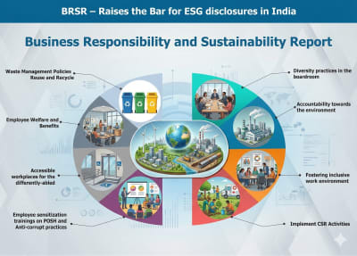Circular infographic showing BRSR themes across environmental, social, governance, workforce, and CSR topics
